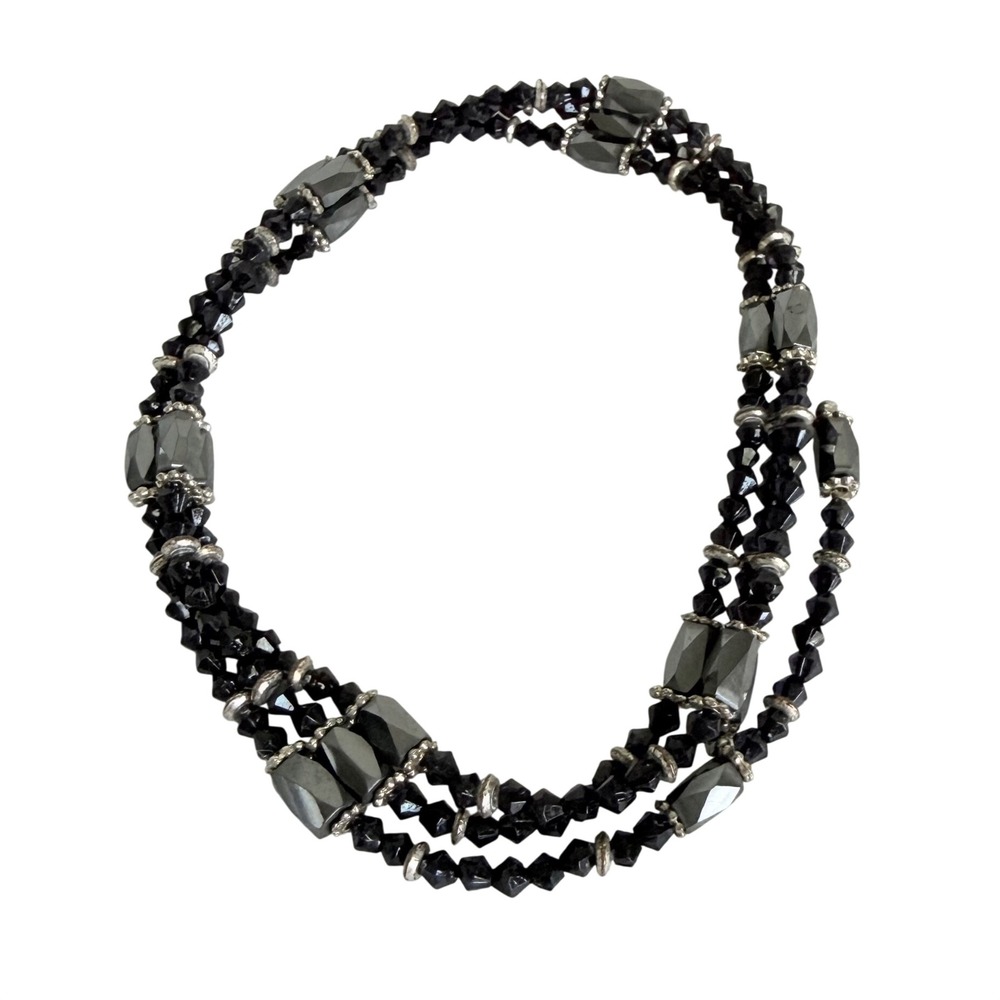 Vintage Black Magnetic Hematite Style Bead Necklace 33" Faceted Silver Tone